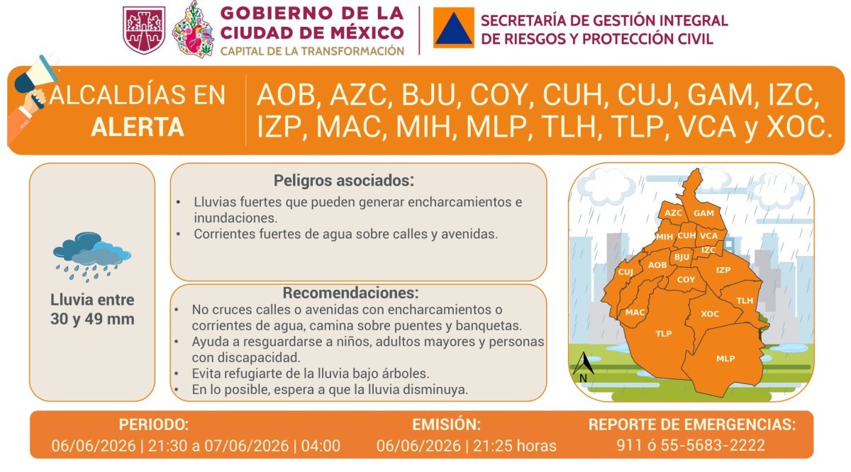 CDMX en alerta naranja por lluvias fuertes; activan alerta amarilla por granizo en 5 alcaldías