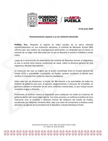 Instituto de Bienestar Animal descarta maltrato en caso de perro retenido en escuela en Puebla