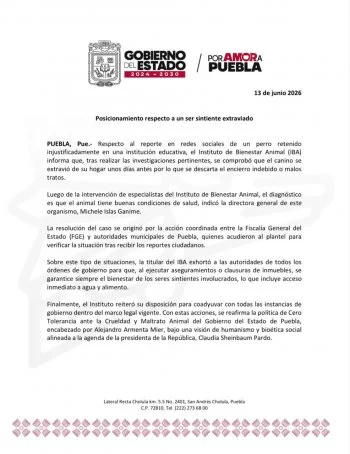 Instituto de Bienestar Animal descarta maltrato en caso de perro retenido en escuela en Puebla