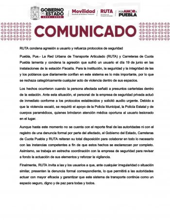 RUTA condena agresión a usuario en estación Fiscalía; seguridad es prioridad