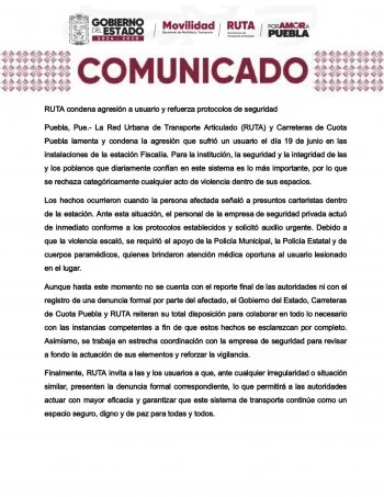 RUTA condena agresión a usuario en estación Fiscalía; seguridad es prioridad