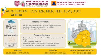 Activan Alerta Amarilla en CDMX por lluvias fuertes, viento y granizo este lunes