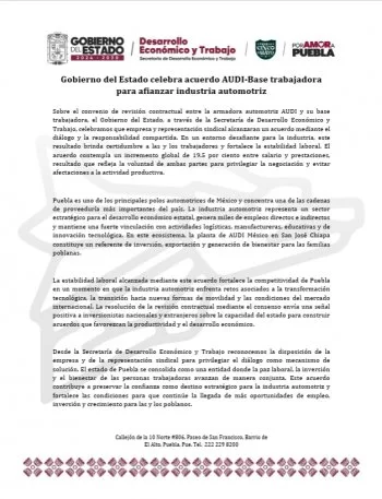 AUDI y sindicato logran acuerdo con incremento de 19.5% en Puebla
