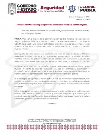 SSP despliega jornadas de prevención de violencia contra mujeres en tres municipios de Puebla