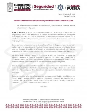 SSP despliega jornadas de prevención de violencia contra mujeres en tres municipios de Puebla