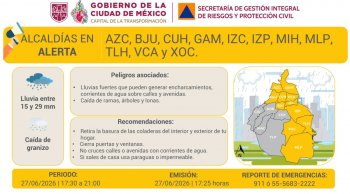 Alerta Amarilla en CDMX por lluvias fuertes y granizo: 11 alcaldías afectadas