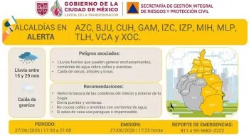 Alerta Amarilla en CDMX por lluvias fuertes y granizo: 11 alcaldías afectadas