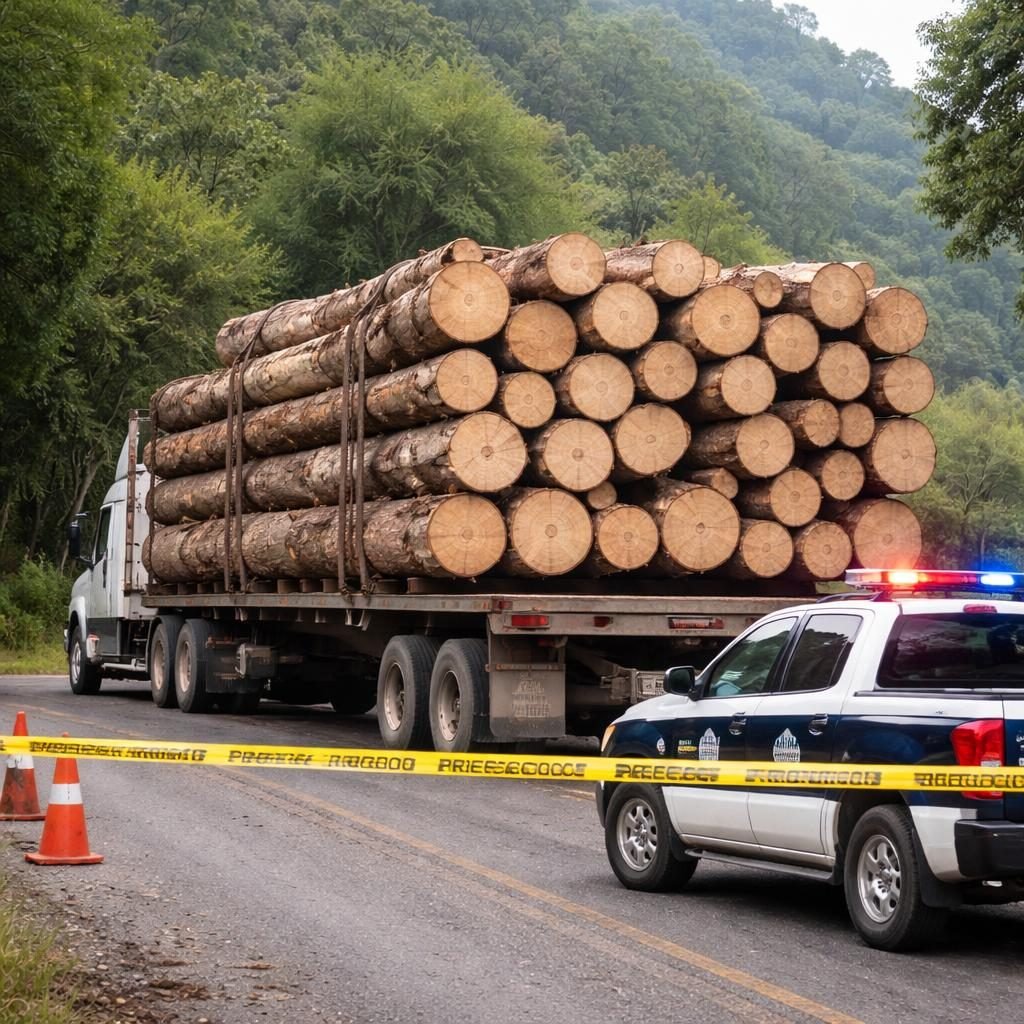 Aseguran cargamento de madera en Gómez Farías