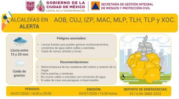 Activan Alerta Amarilla en CDMX por lluvias fuertes y granizo en 8 alcaldías