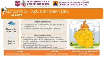 Alerta naranja y amarilla en CdMx por lluvias fuertes y posible granizo este sábado
