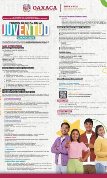 Gobierno de Oaxaca lanza Premio Estatal de la Juventud 2026; convocatoria abierta hasta el 12 de agosto