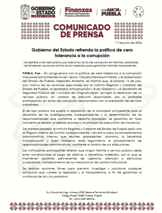 Detienen a servidor público por corrupción en trámites catastrales en Puebla