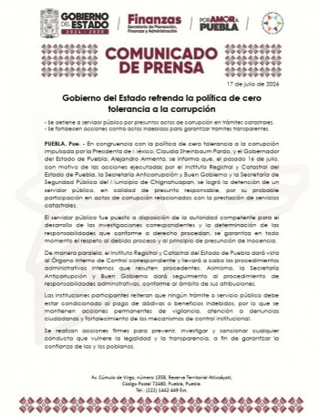 Detienen a servidor público por corrupción en trámites catastrales en Puebla