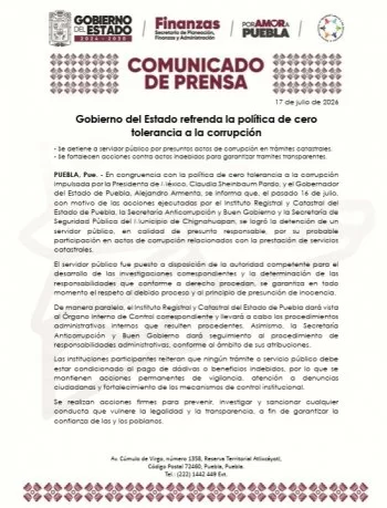 Detienen a servidor público por corrupción en trámites catastrales en Puebla