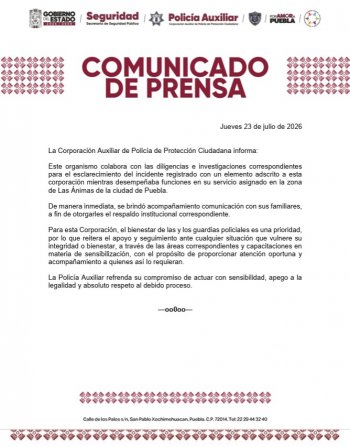 Policía Auxiliar de Puebla colabora en investigación tras incidente con elemento en Las Ánimas