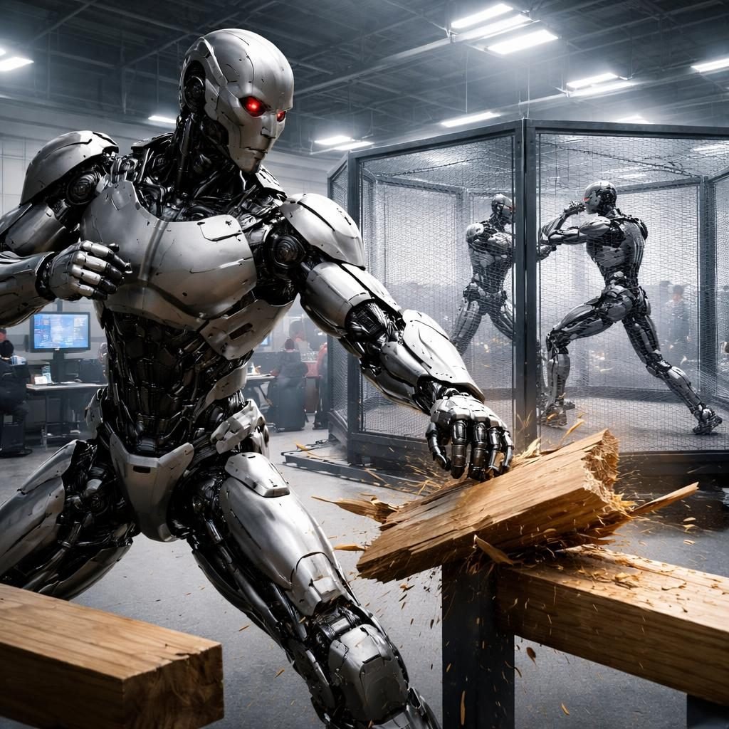 Inicia producción en masa del robot T800: derriba a su CEO, rompe madera y pelea en jaula