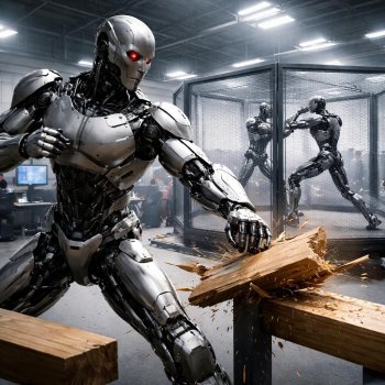 Inicia producción en masa del robot T800: derriba a su CEO, rompe madera y pelea en jaula