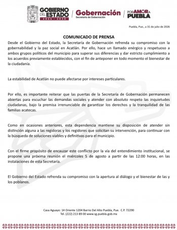 Gobernación llama a grupos políticos de Acatlán a superar diferencias y cumplir acuerdos