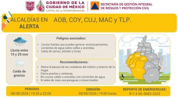 Alerta Amarilla en CDMX por lluvias fuertes y granizo en cinco alcaldías