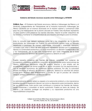 Gobierno de Puebla respalda avance en revisión salarial de Volkswagen 2026