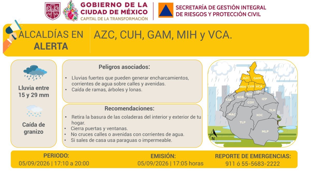 Alerta amarilla en CDMX por lluvias fuertes y posible granizo en 5 alcaldías