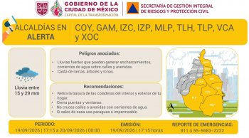 Activan Alerta Amarilla por lluvias fuertes en 9 alcaldías de la CDMX