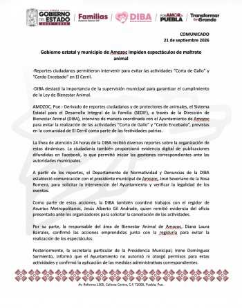 SEDIF frena 'Corta de Gallo' y 'Cerdo Encebado' en El Cerril, Amozoc