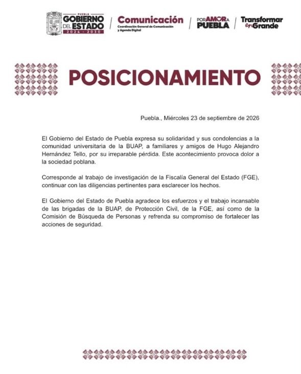 Gobierno de Puebla lamenta muerte de Hugo Alejandro Hernández Tello, de la BUAP