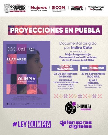 Documental "Llamarse Olimpia" se proyectará en Izúcar de Matamoros, Huauchinango y Tehuacán
