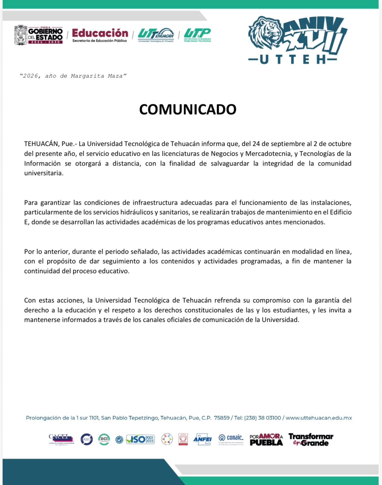 UTTehuacán pasa a clases en línea del 24 de septiembre al 2 de octubre por mantenimiento en Edificio E