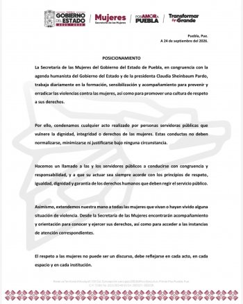 Secretaría de las Mujeres de Puebla condena actos de servidores públicos que vulneren derechos de mujeres