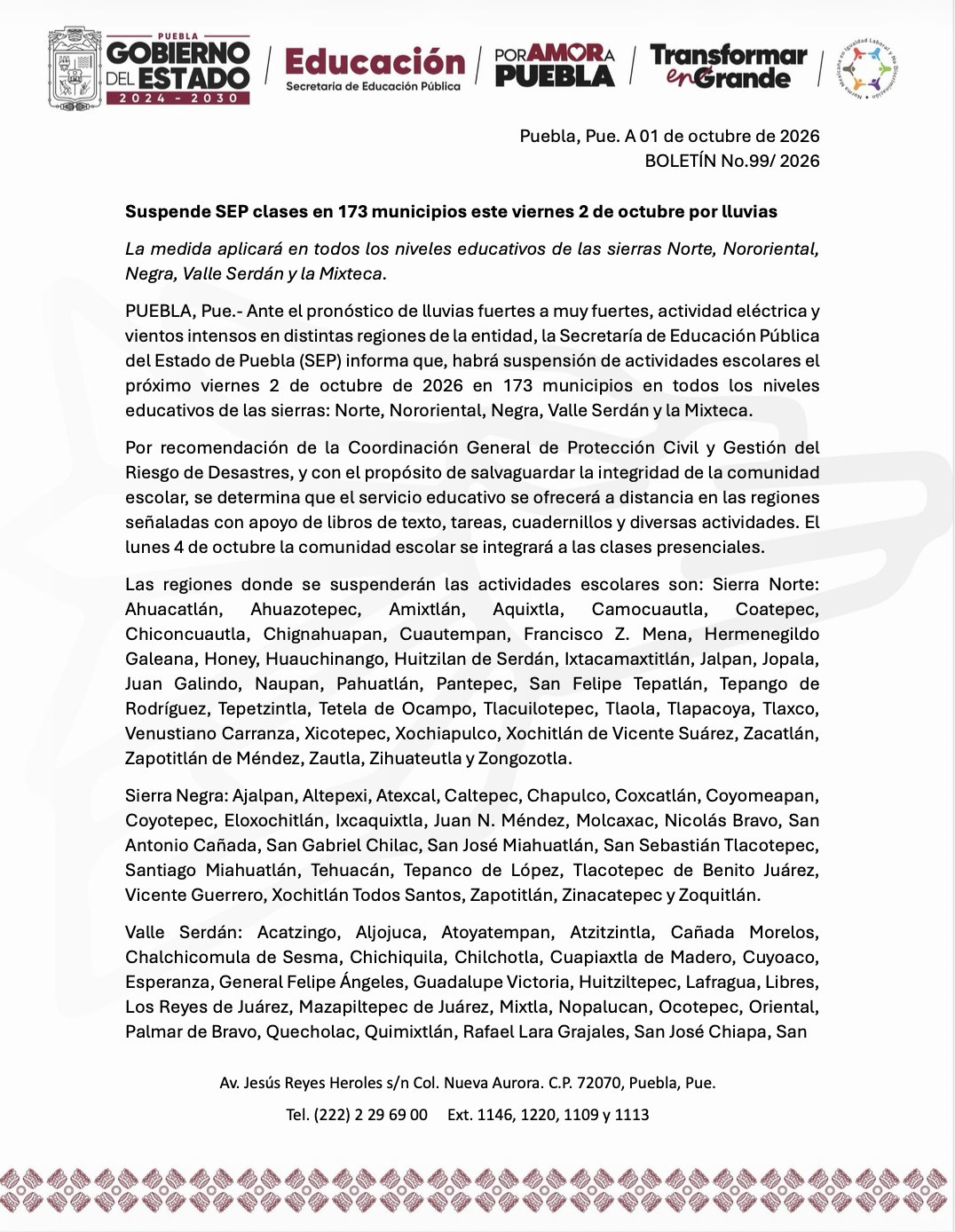 SEP Puebla suspende clases presenciales en 173 municipios este viernes 2 de octubre por lluvias