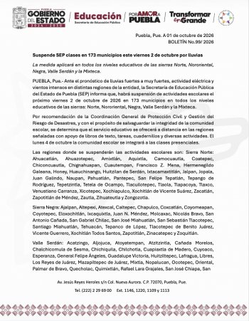SEP Puebla suspende clases presenciales en 173 municipios este viernes 2 de octubre por lluvias