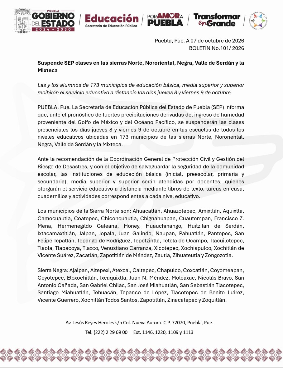 SEP Puebla suspende clases presenciales en 173 municipios por lluvias los días 8 y 9 de octubre