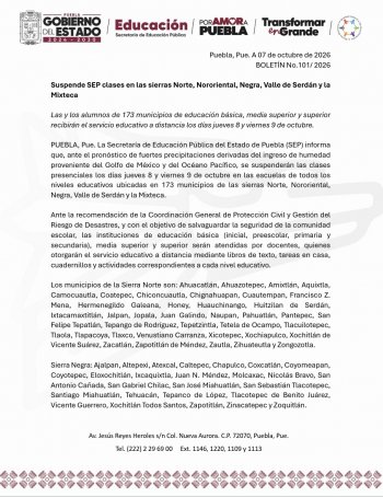 SEP Puebla suspende clases presenciales en 173 municipios por lluvias los días 8 y 9 de octubre