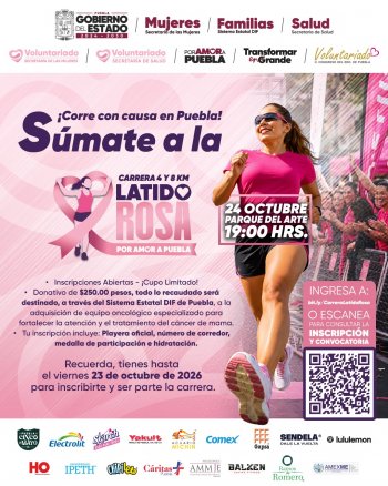 Carrera Latido Rosa en Puebla busca 2 mil corredores para apoyar atención oncológica