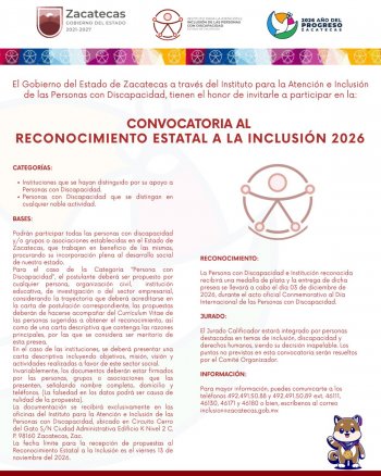 Incluzac abre convocatoria al Reconocimiento Estatal a la Inclusión 2026 en Zacatecas