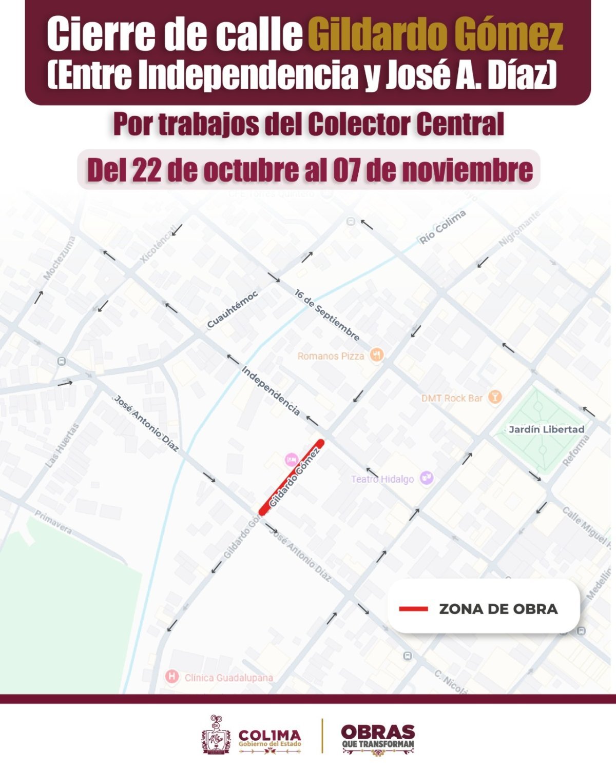 Cierre de calle Gildardo Gómez en Colima por obras del Colector Central desde el 22 de octubre