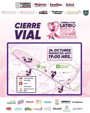 Carrera Latido Rosa en Puebla: cierres viales el 24 de octubre y arranque a las 19:00 horas