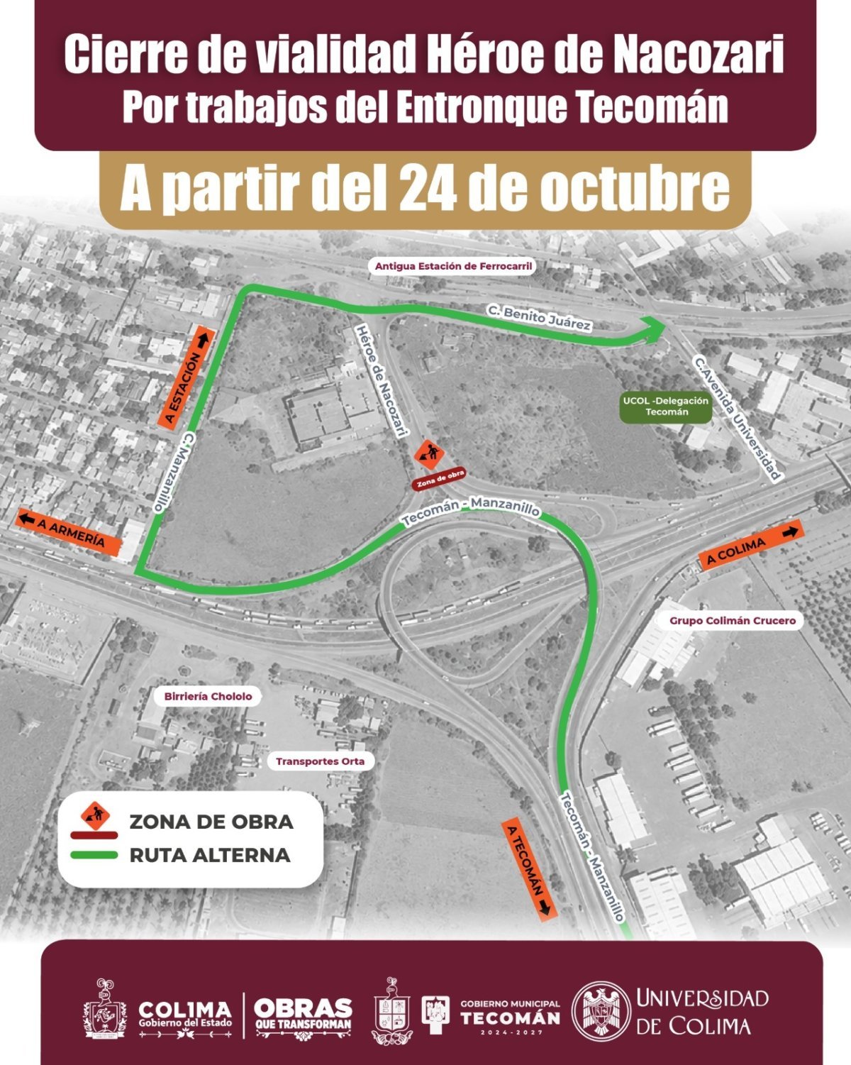 Cierre de calle Héroe de Nacozari en Tecomán por obras del Entronque, este sábado