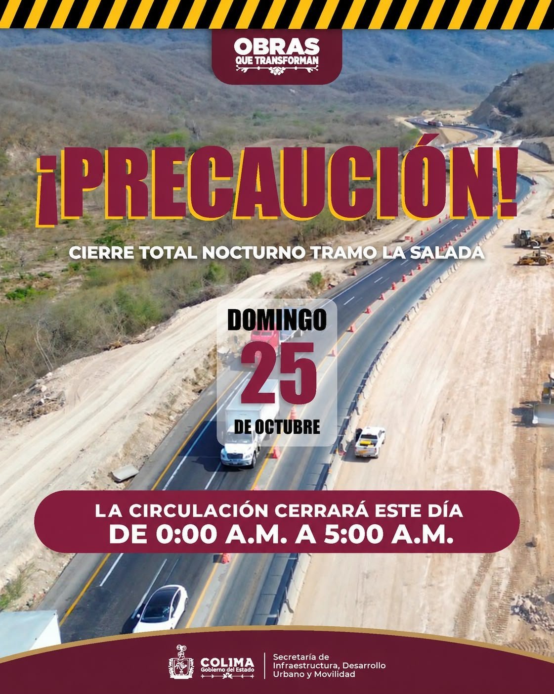 Cierre nocturno en La Salada este domingo por obras en el Corredor Logístico Colima-Manzanillo