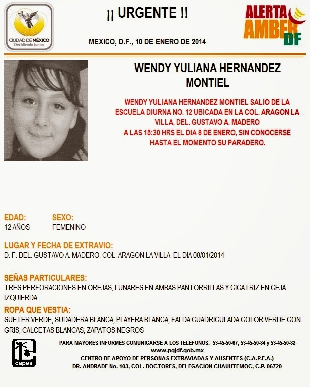Se activa Alerta Amber para localizar a la menor a Wendy Yuliana Hernández Montiel de 12 años.