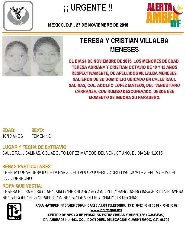 ACTIVA PGJDF ALERTA AMBER POR DOS MENORES DE EDAD DESAPARECIDOS
